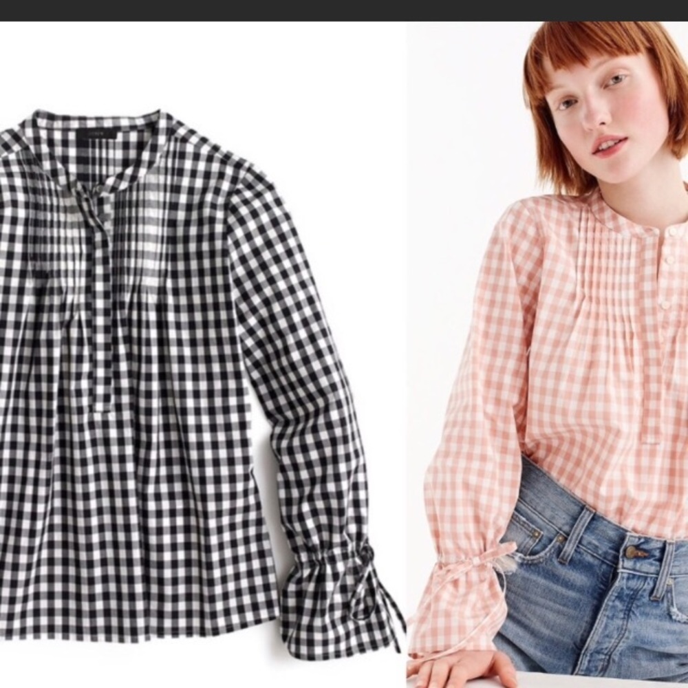❌SOLD❌NWT J. Crew Gingham Tie Sleeve Pin Tuck Top